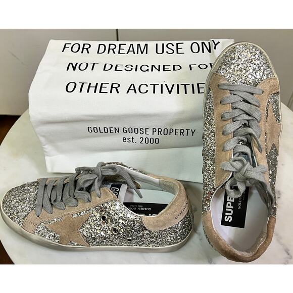 NWT GOLDEN GOOSE SUPERSTAR GLITTER UPPER SUEDE STAR PLATINUM BEIGE - SIZE 6 - Picture 1 of 11